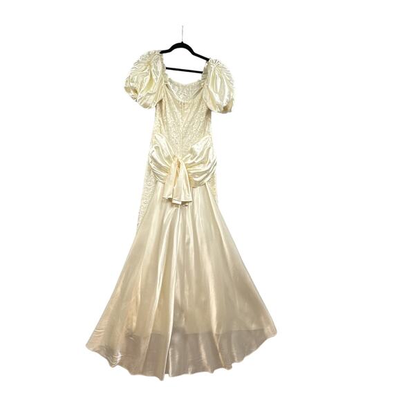 VTG 90s Formal Dress M Ivory Puff Sleeve Wedding Lace Glam Satin Union Prom US - Picture 2 of 16
